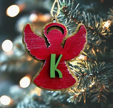 Load image into Gallery viewer, Wood Angel Ornament – Red Silhouette with Custom Green Initial