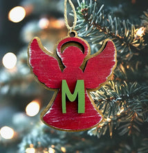 Load image into Gallery viewer, Wood Angel Ornament – Red Silhouette with Custom Green Initial